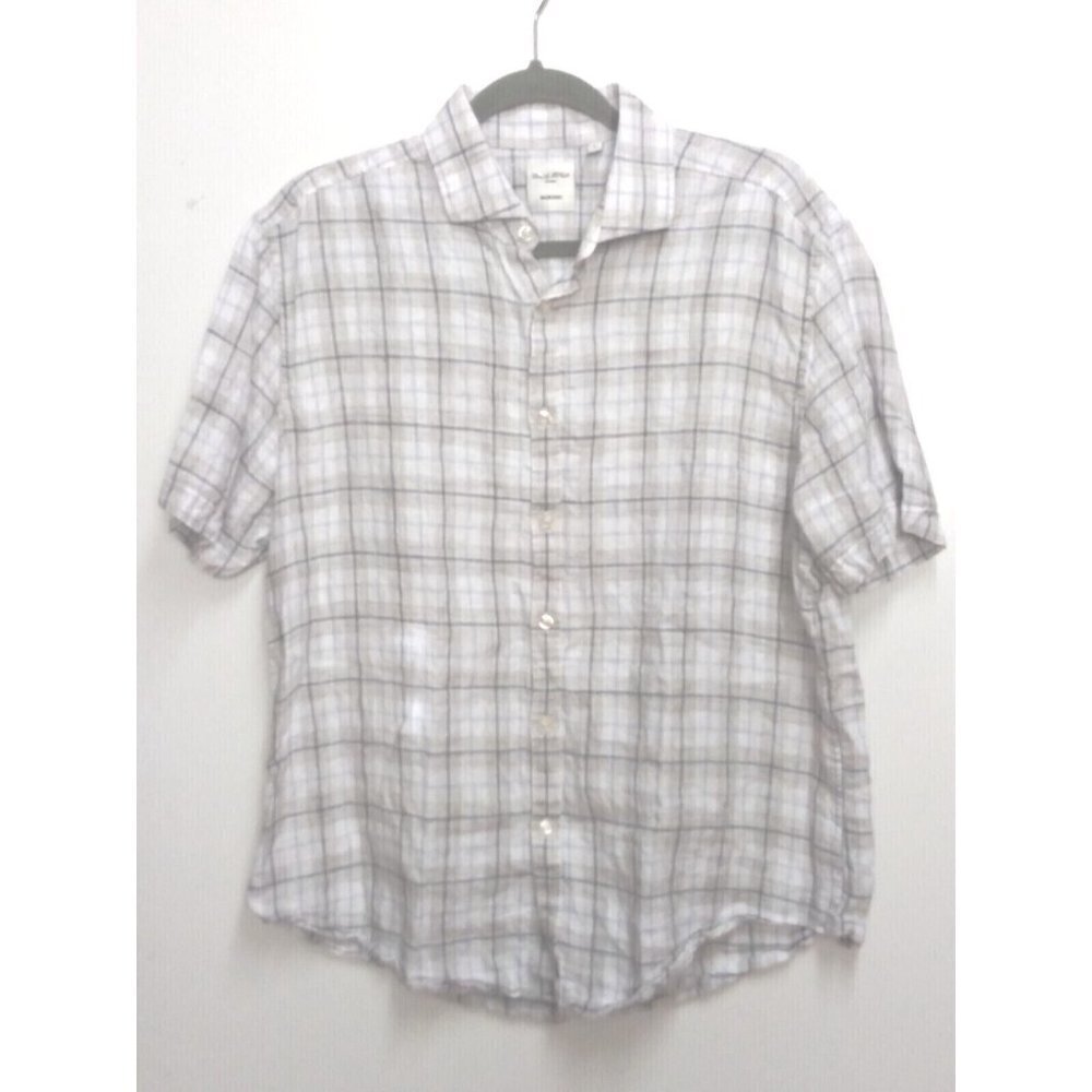 Baird McNutt Mens Shirt 100% Linen Murano Size L button-down Plaid tan white SS